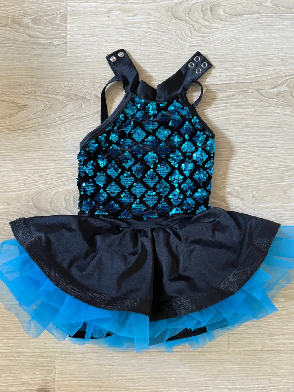 Weissman Black and Teal Sequin Dance Costume with Blue Tulle Skirt